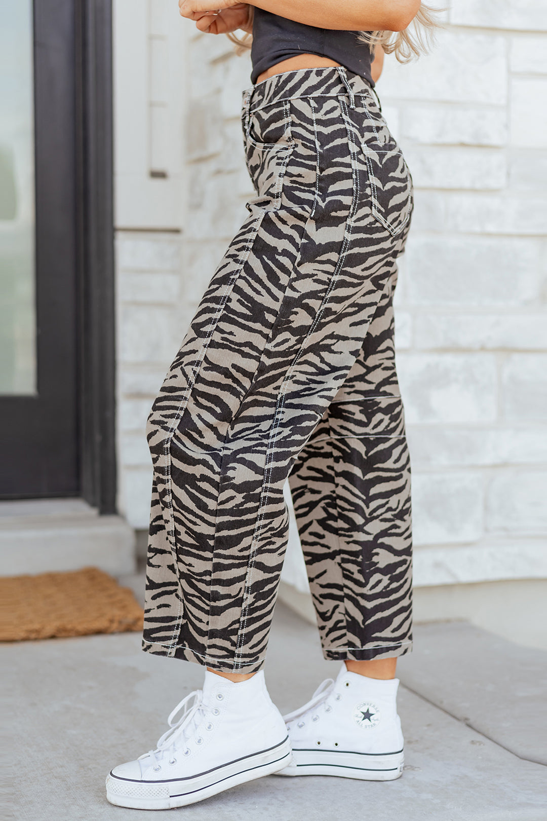 Gray Zebra Stripe Printed Wide Leg Barrel Jeans