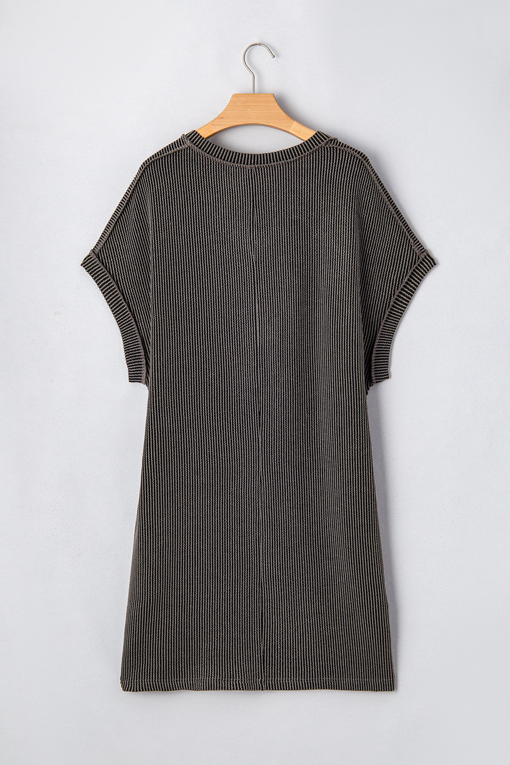 Casual Carbon Grey Corded V Neck Plus Size T Shirt Dress with Pockets