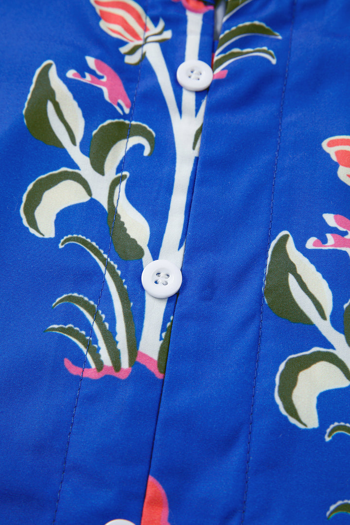 Blue Floral Print Button Detail 3/4 Puff Sleeve Ruffle Hem Dress
