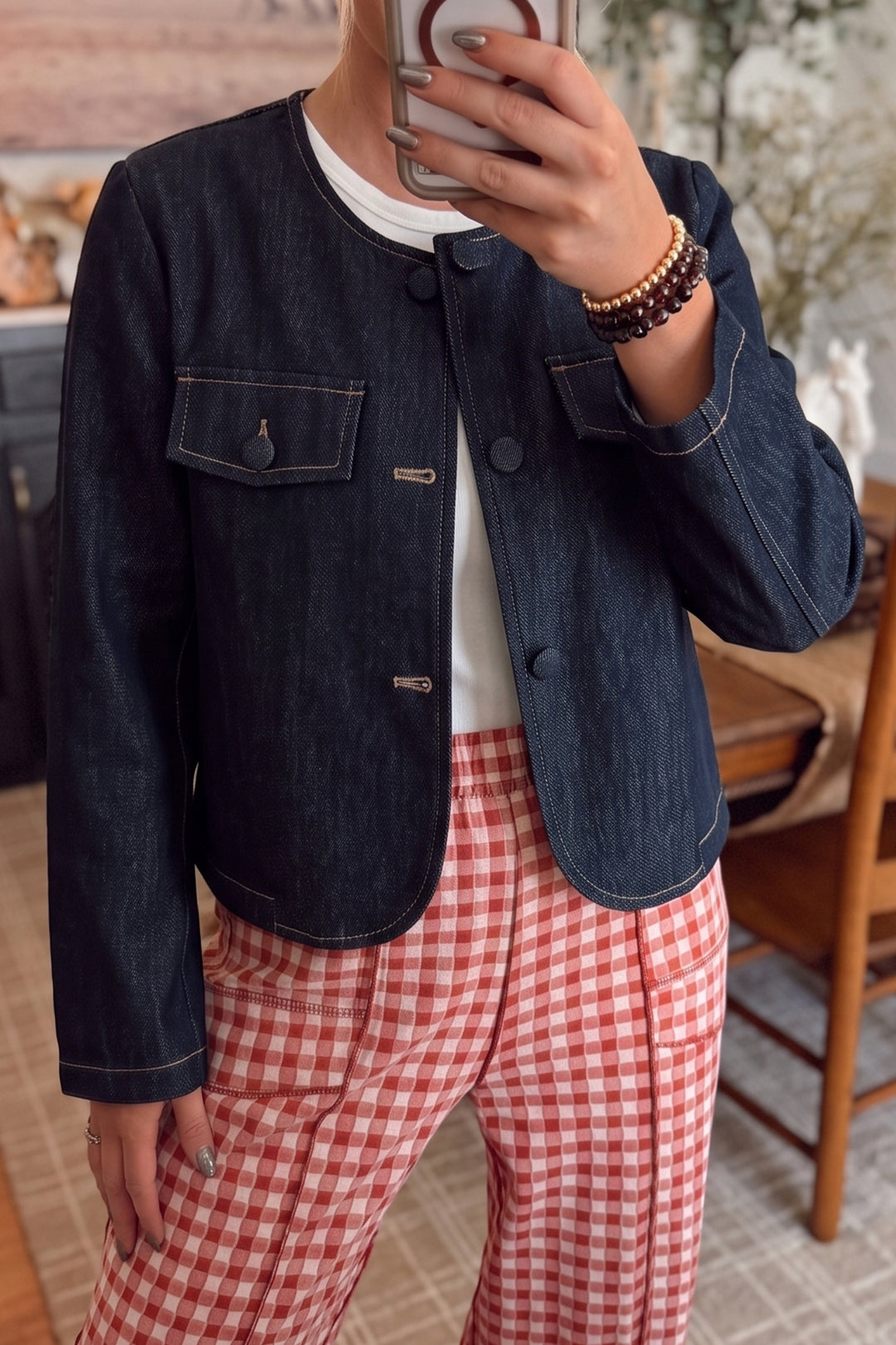 Dirty blue Casual Round Neck Button Front Denim Jacket