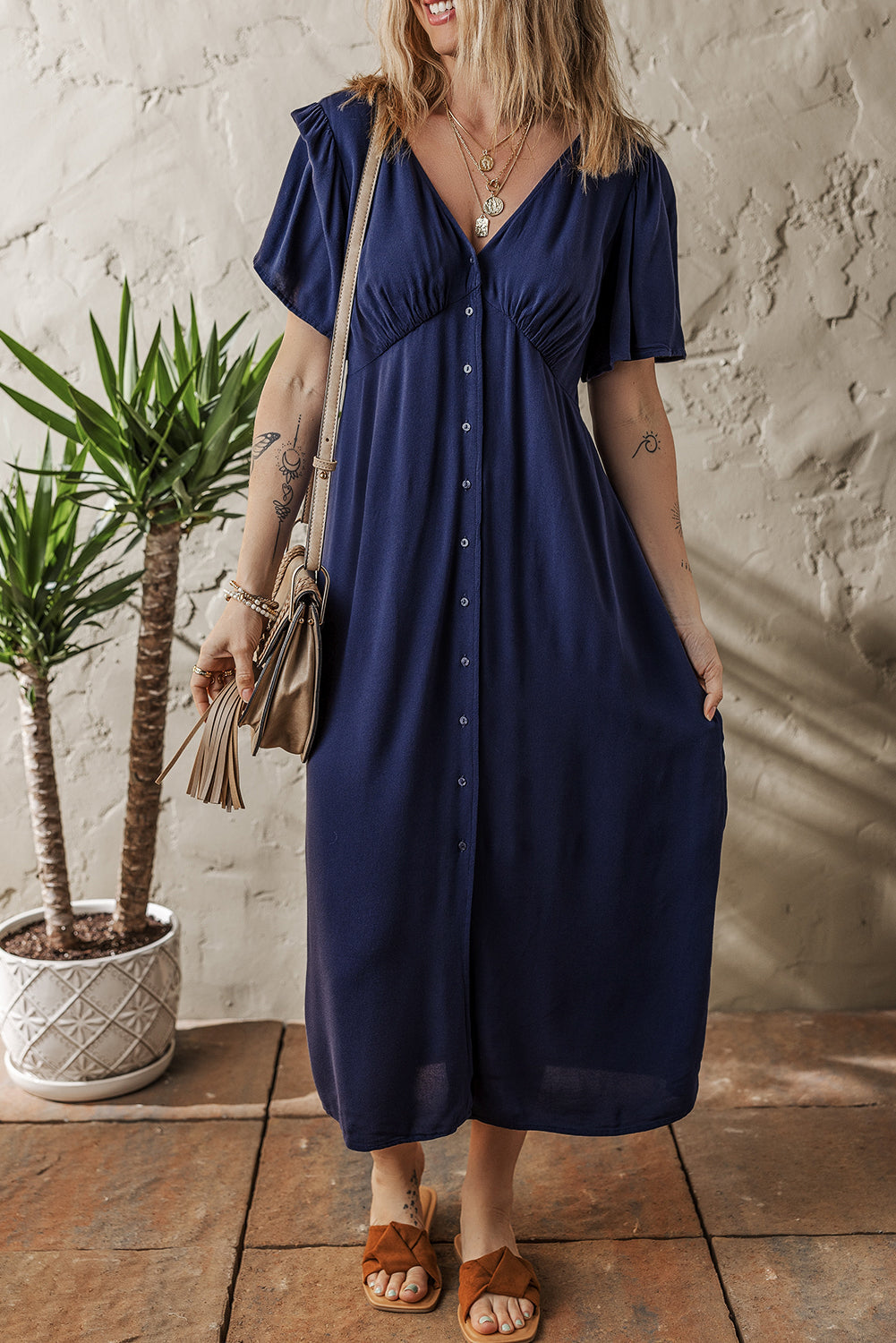 v neck buttoned front shirred back short sleeve midi dress