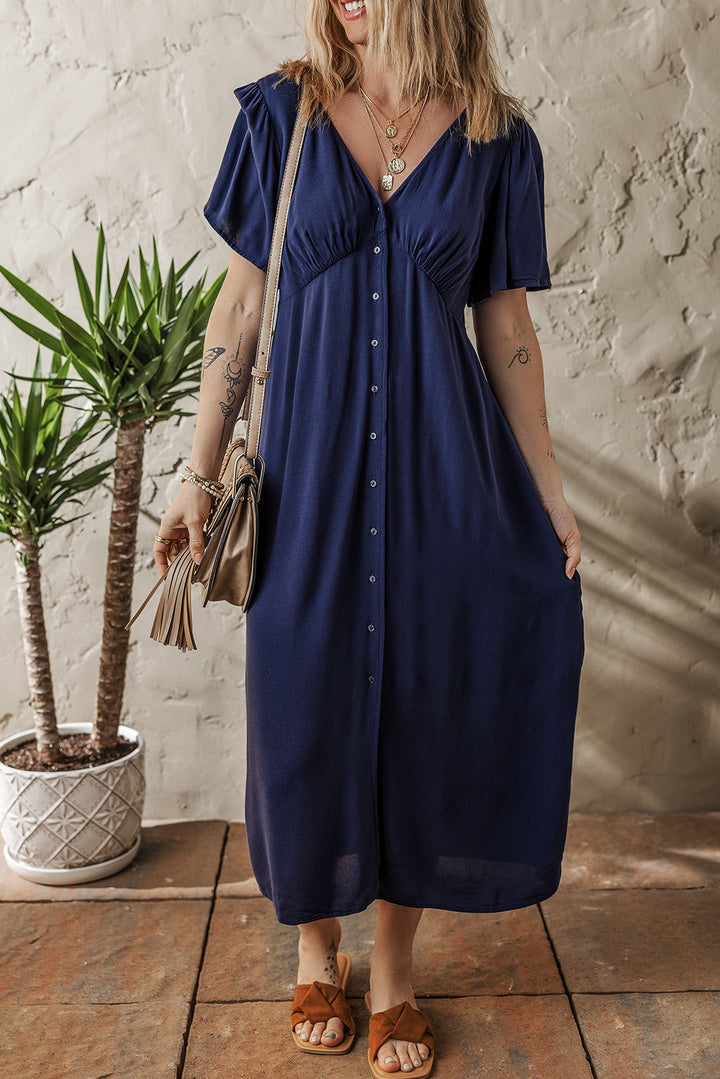 v neck buttoned front shirred back short sleeve midi dress