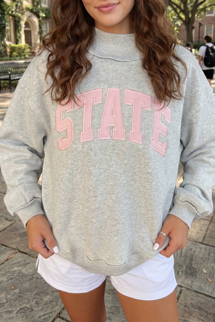 Light Grey  Mock Neck Letter Embroidered Loose Sweatshirt