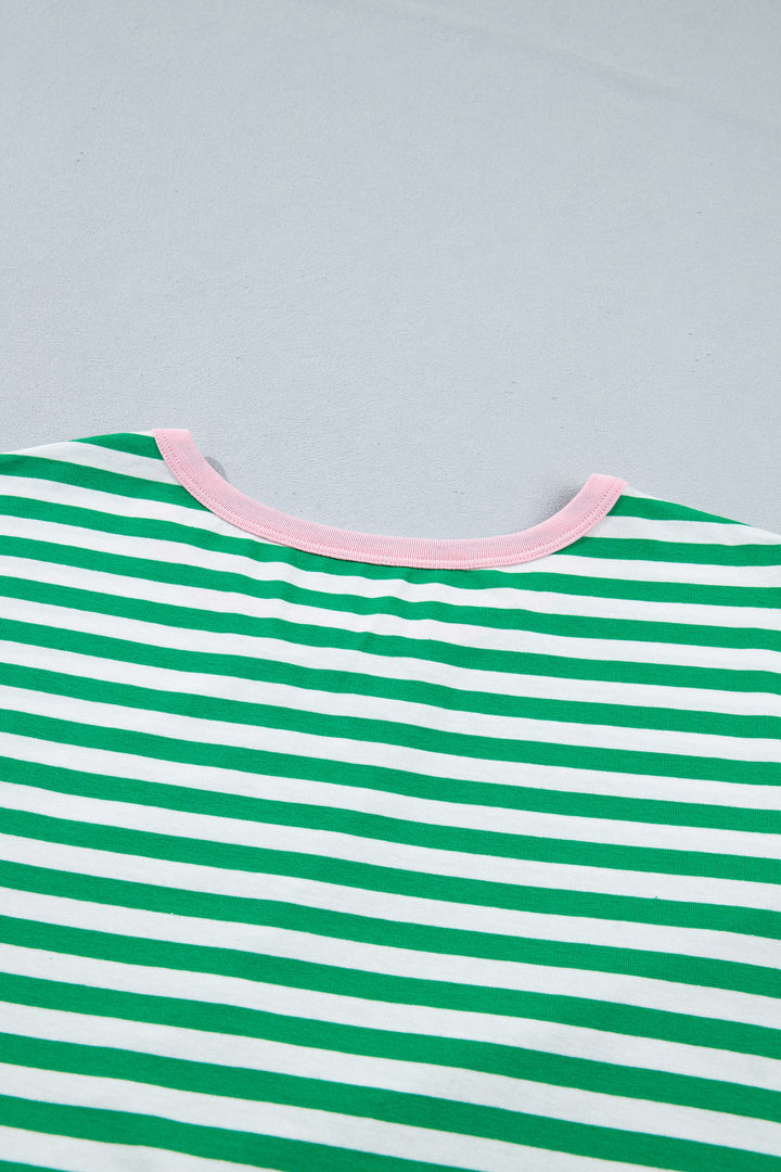Green Stripe Nautical Tie Contrast Trim Round Neck T Shirt Mini Dress