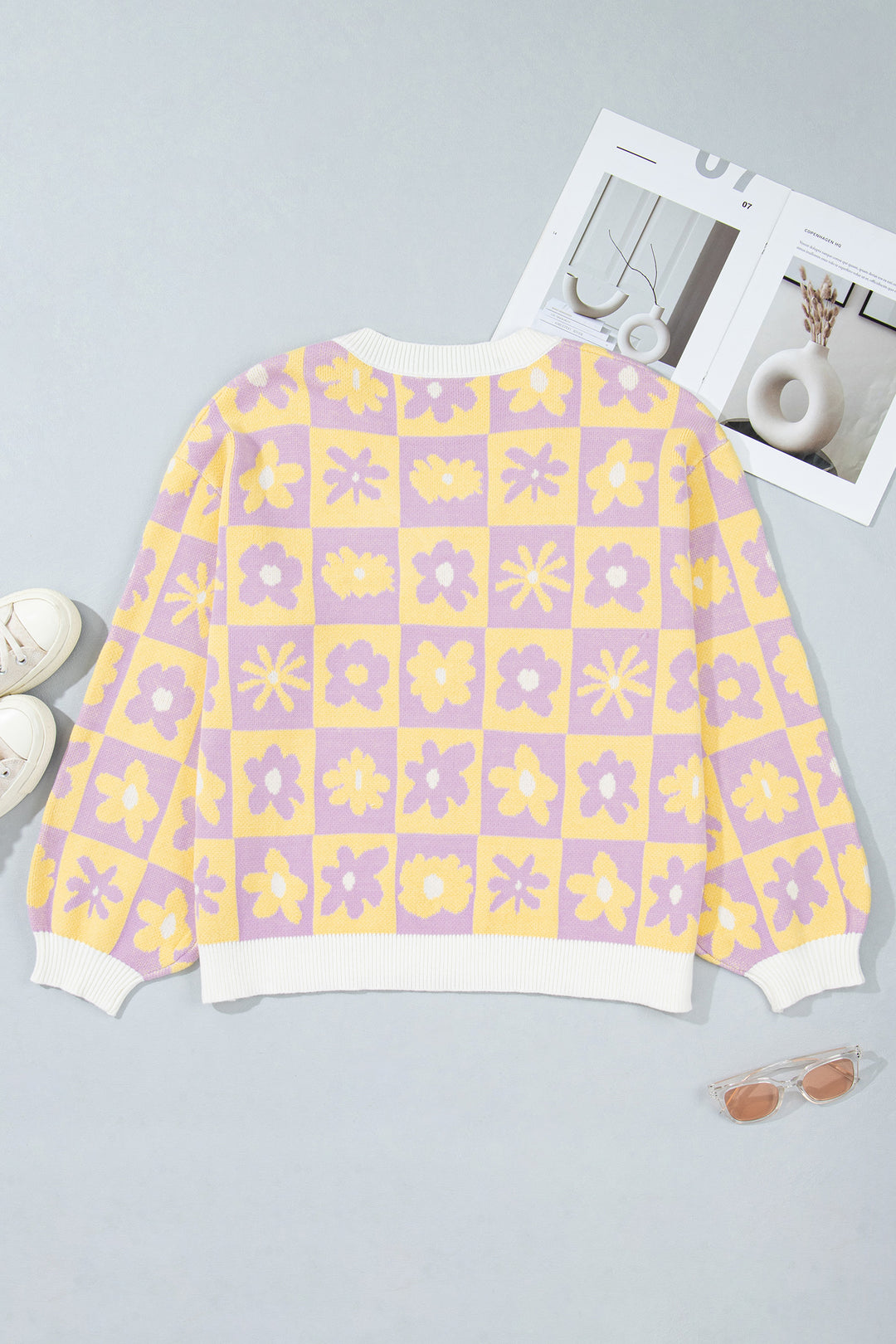 Multicolour V Neck Plaid Floral Long Sleeve Plus Size Sweater