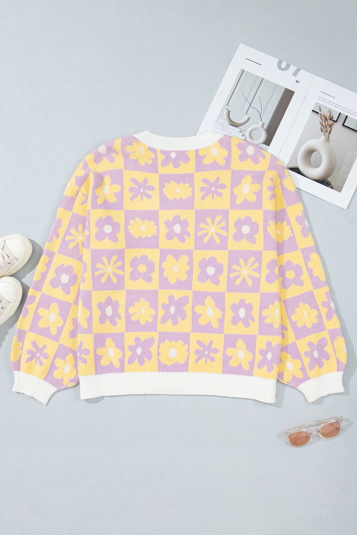 Multicolour V Neck Plaid Floral Long Sleeve Plus Size Sweater
