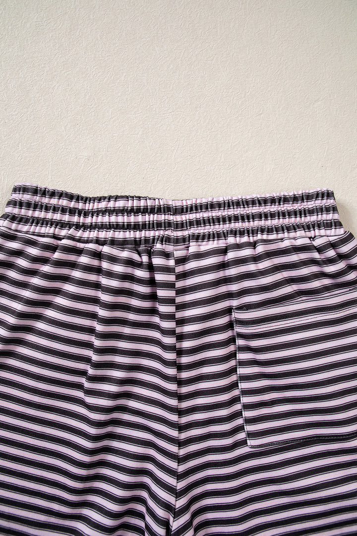 Brown Stripe Long Sleeve Oversized Top Pocketed Casual Shorts Two Piece Set