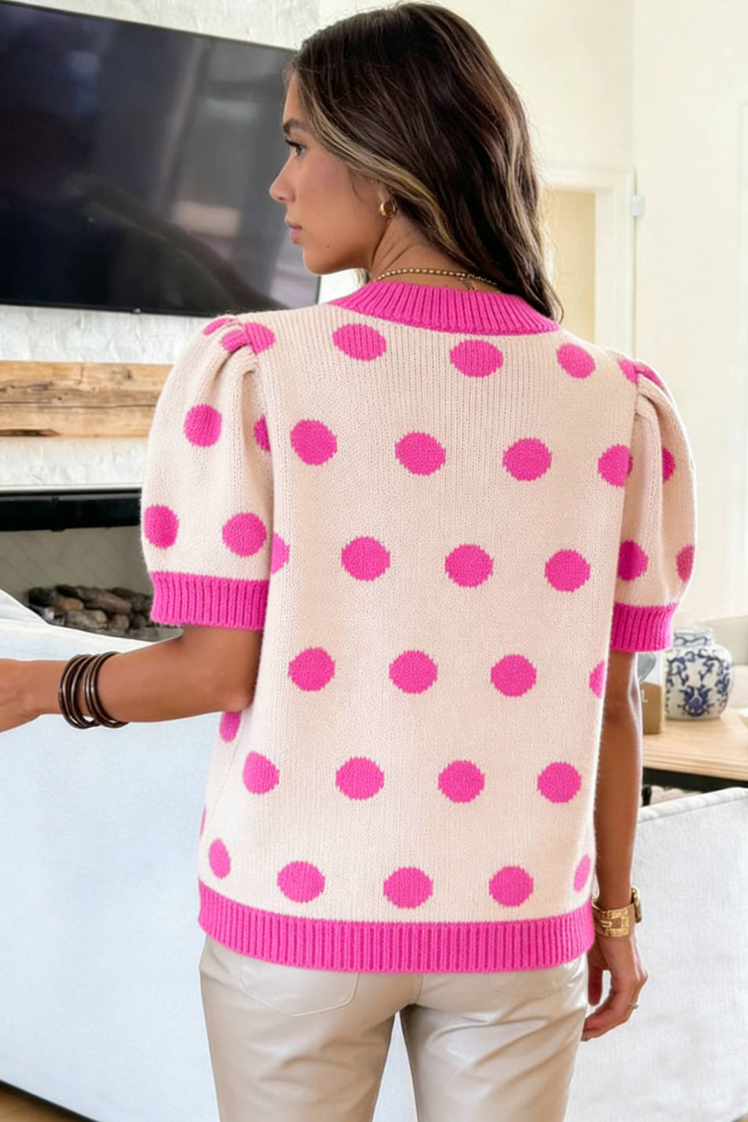Pink Polka Dot Puff Short Sleeve Sweater Top