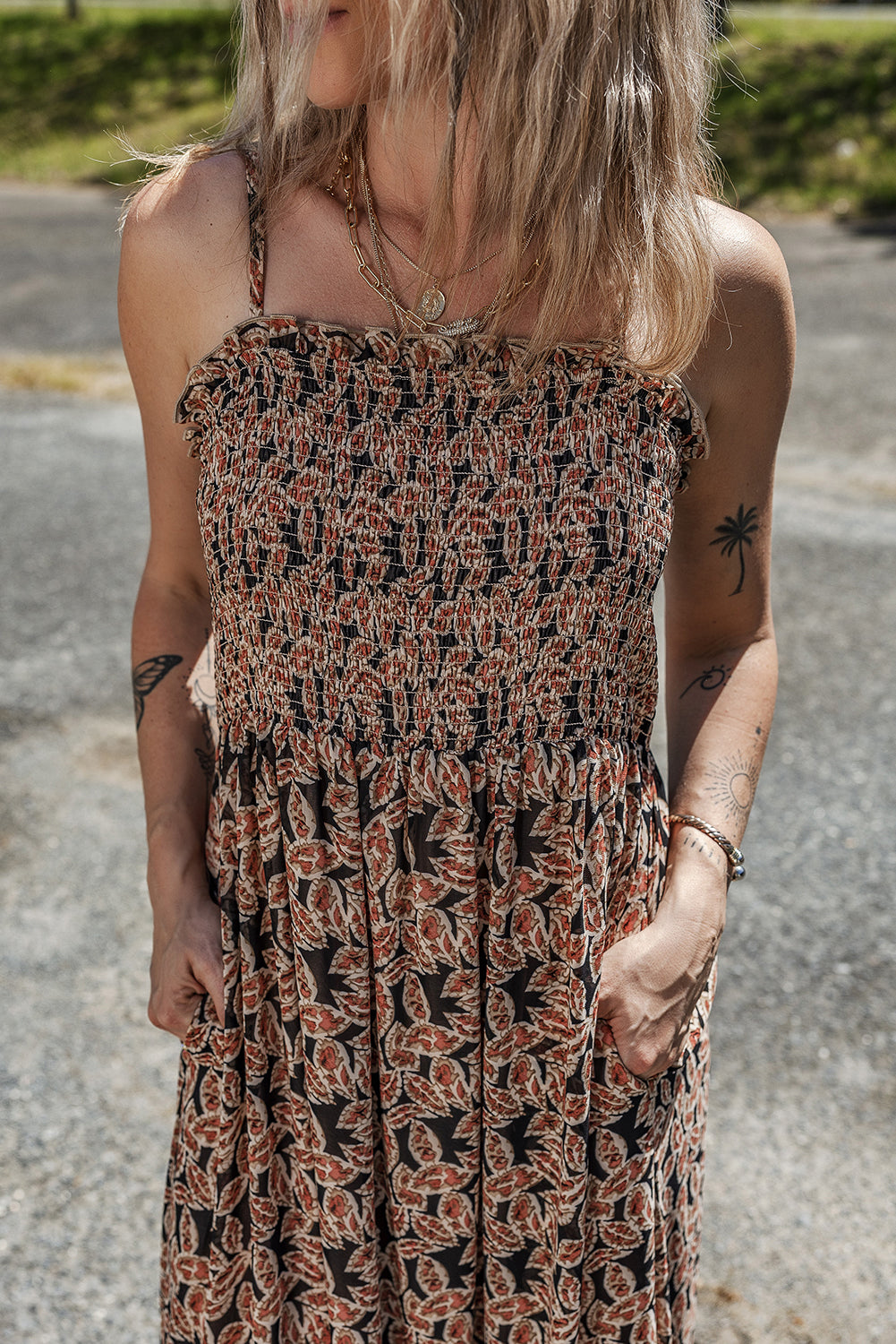 floral smocked bodice high waist flowy sun dress