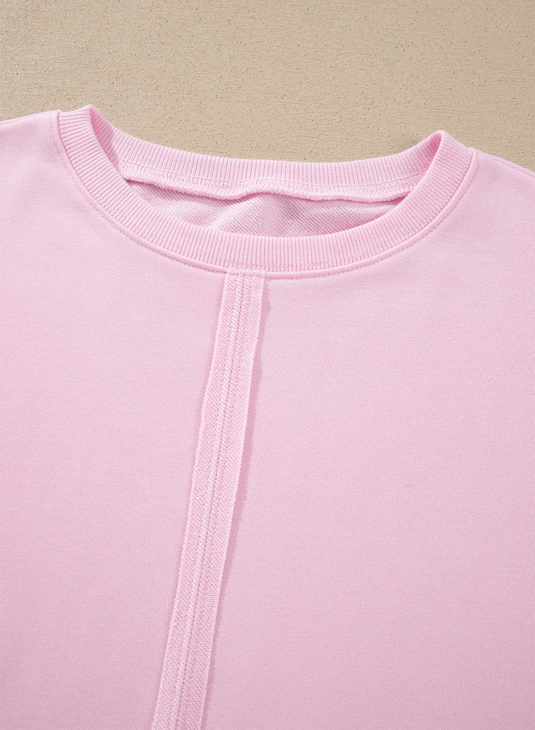Pink Solid Color Raw Seam Lace Detail Loose Casual Sweatshirt
