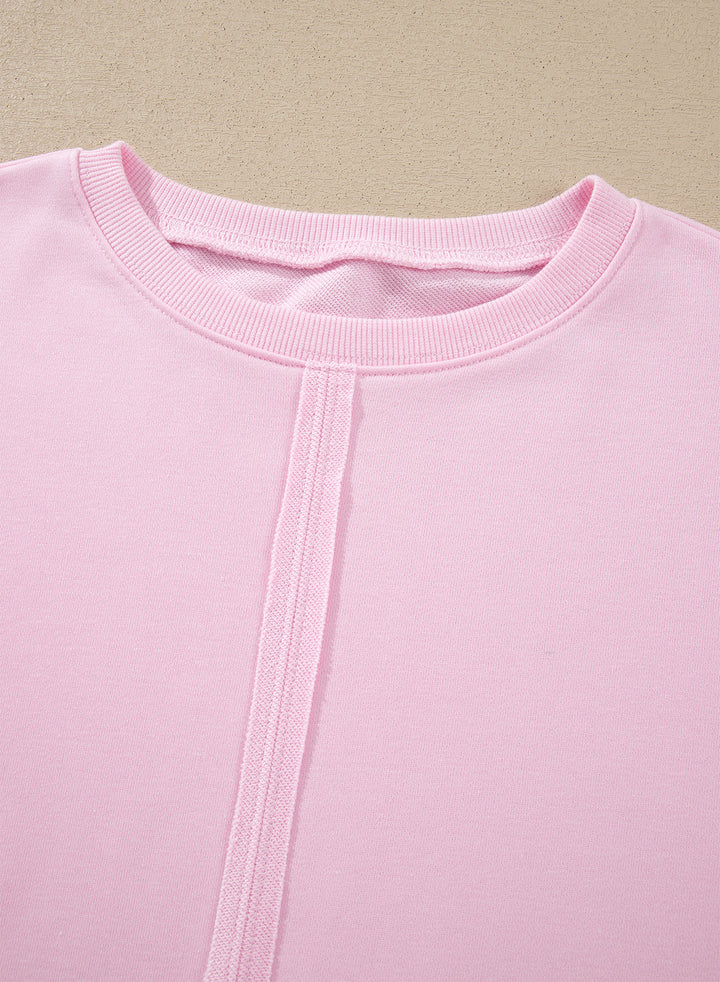 Pink Solid Color Raw Seam Lace Detail Loose Casual Sweatshirt