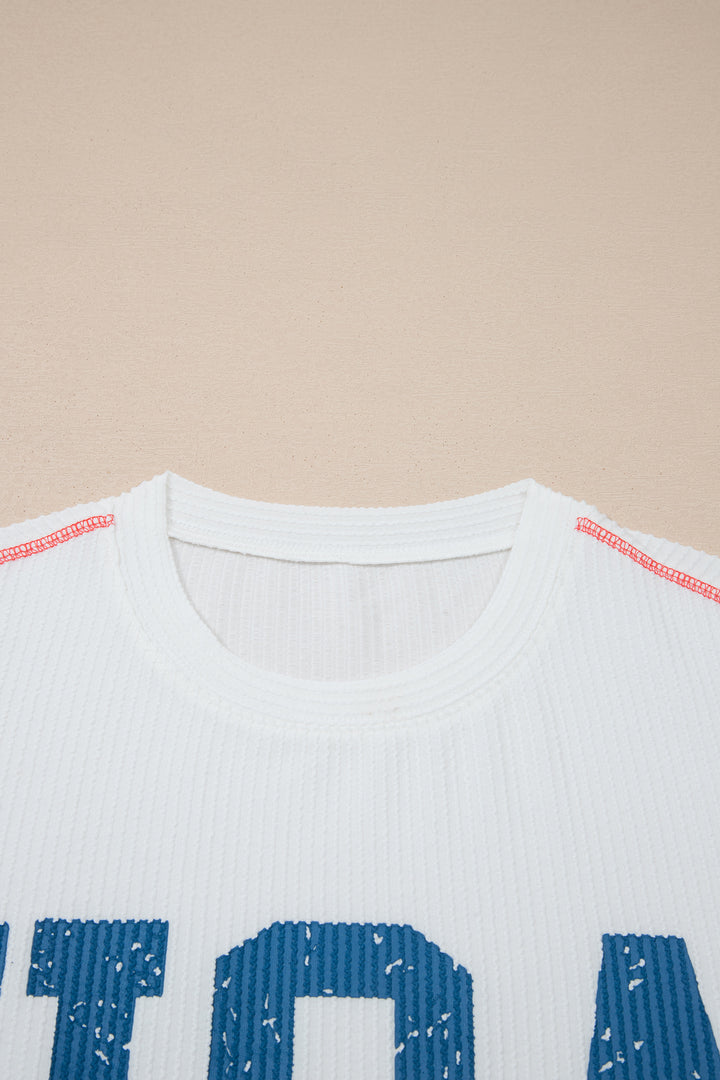 White USA Graphic Half Sleeve Loose Ribbed Top