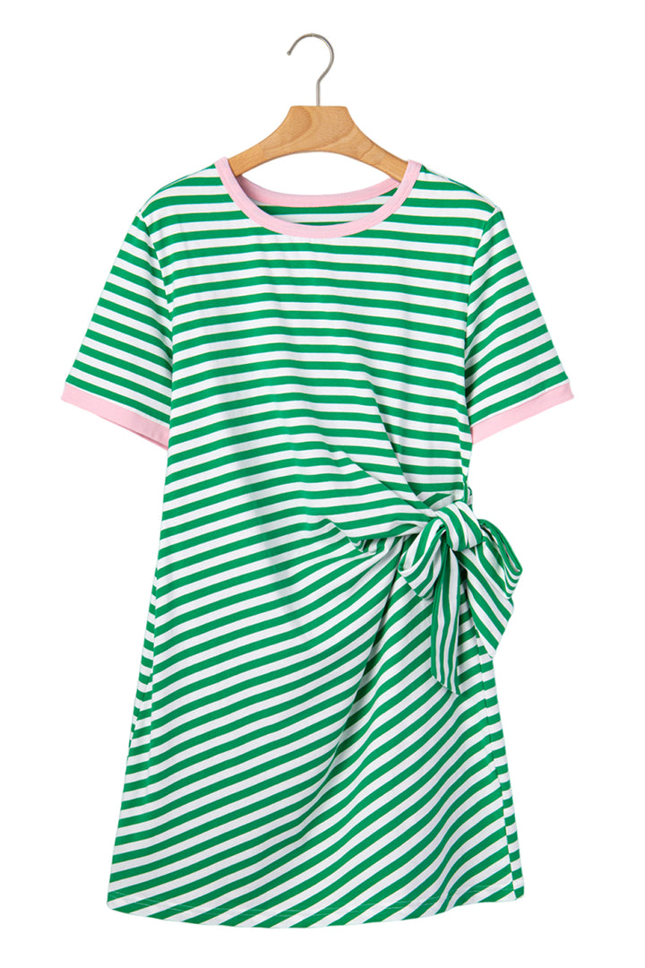 Green Stripe Nautical Tie Contrast Trim Round Neck T Shirt Mini Dress