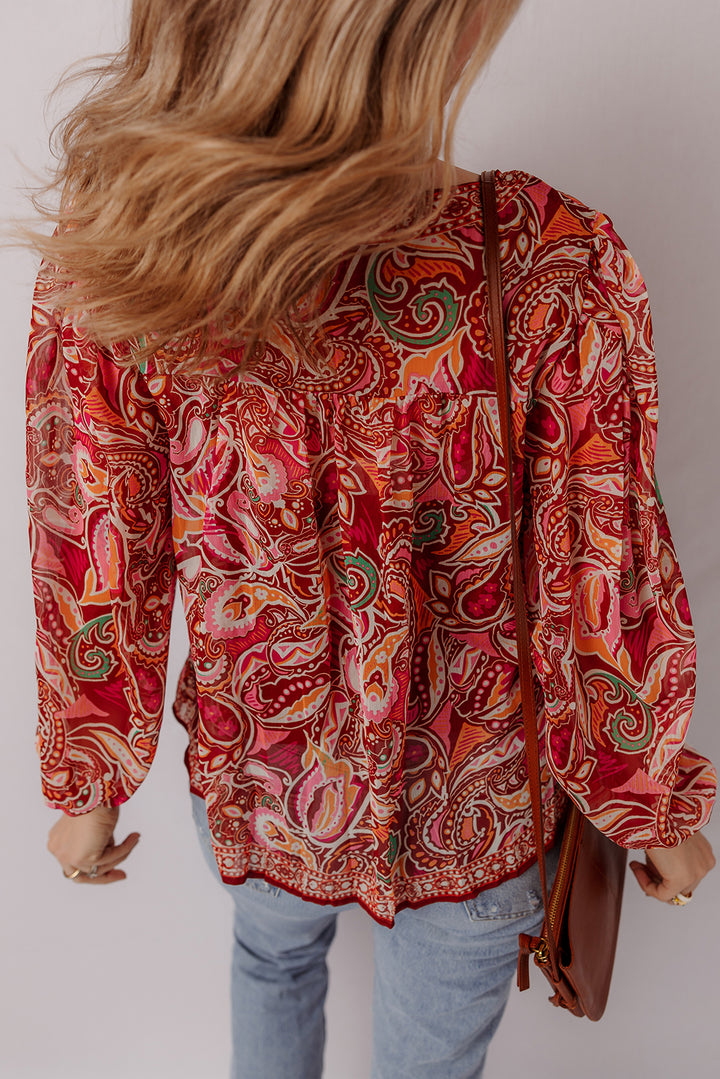 Ethnic Paisley Print Tassel Tie Puff Sleeve Boho Blouse