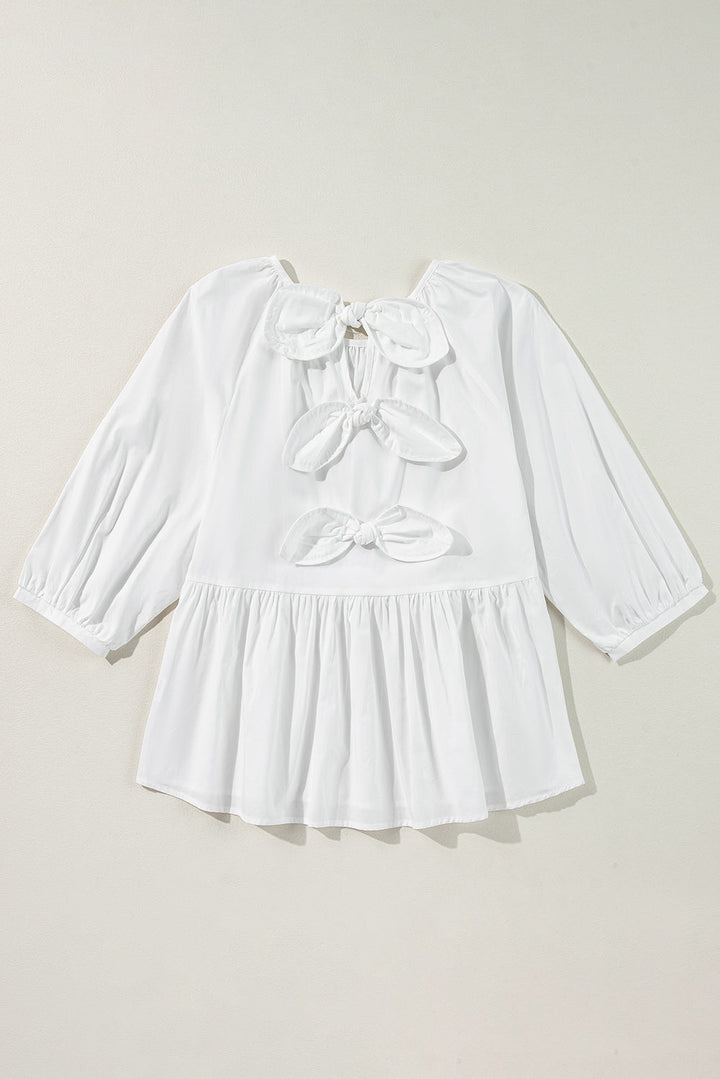 Bow Knot Cutout Back Loose Fit 3/4 Sleeve Blouse