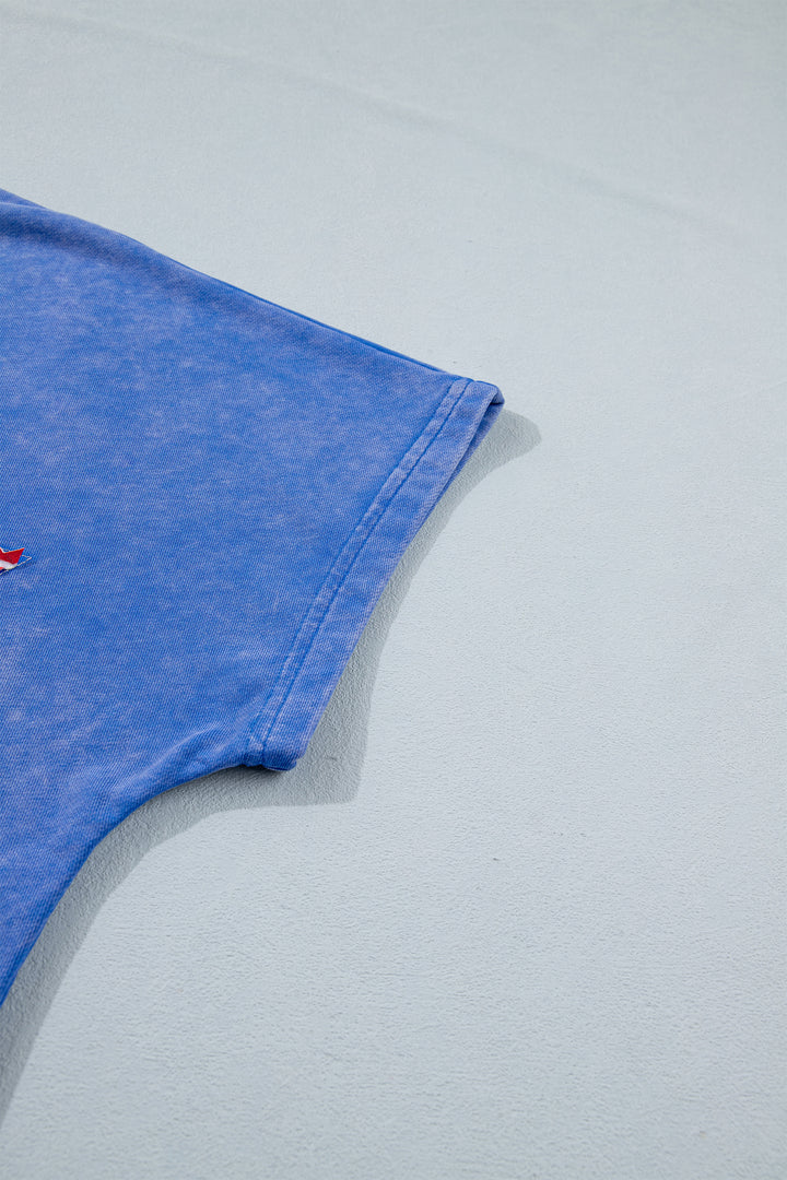 Sky Blue Patriot Star Patched Notched Neck Mineral Washed Tee