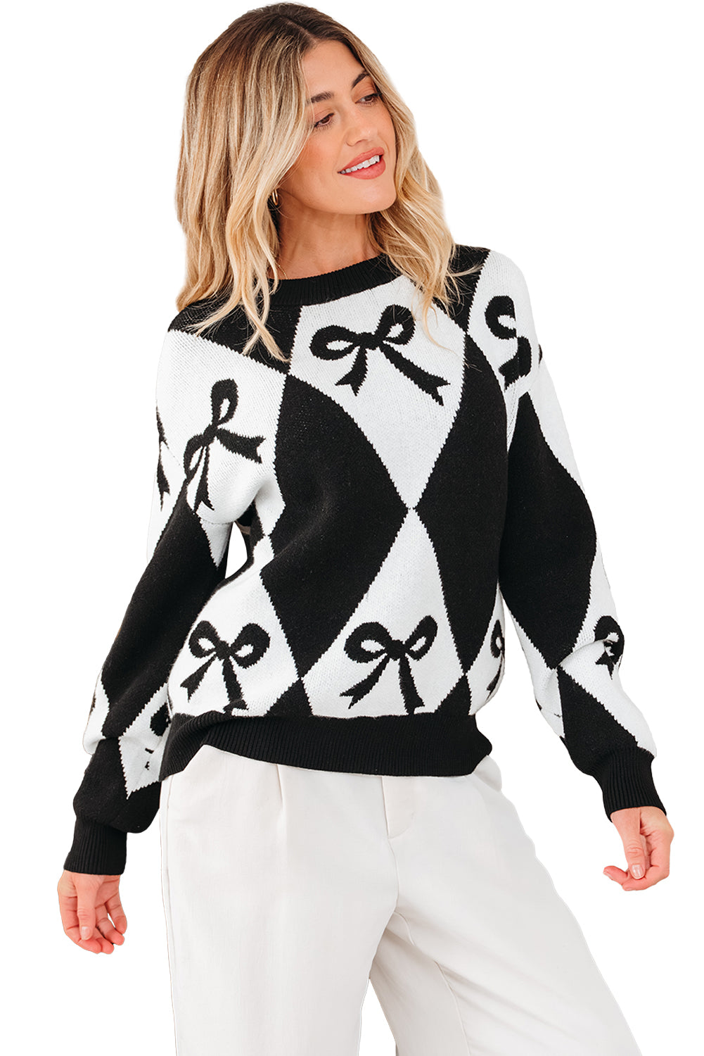 Bow Print 2-tone Rhombus Knit Loose Sweater