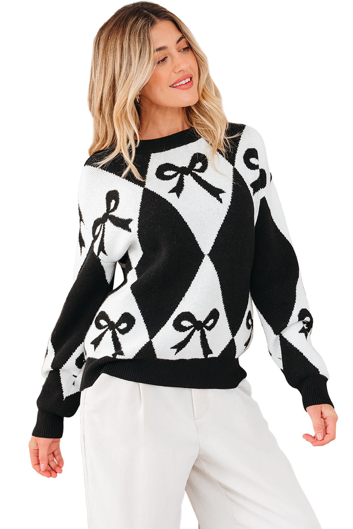 Bow Print 2-tone Rhombus Knit Loose Sweater
