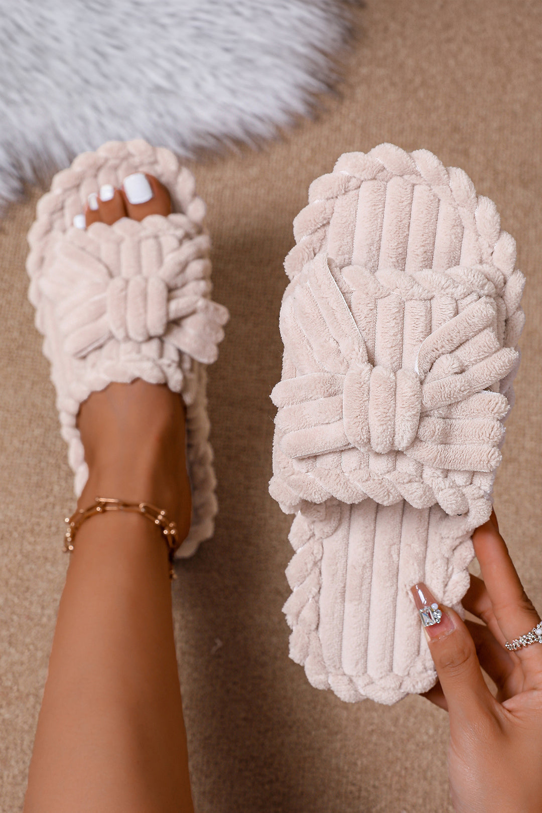 Bow Knot Decor Corduroy Open Toe Slippers