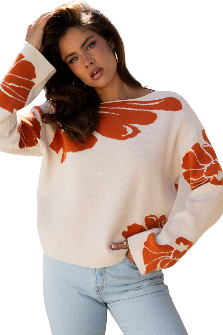 Bold Flower Pattern Wide Sleeve Baggy Sweater