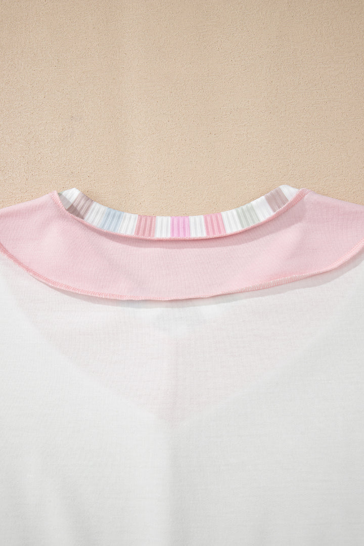 White Exposed Seam Rainbow Stripe Color Block V Neck Loose Long Sleeve Top