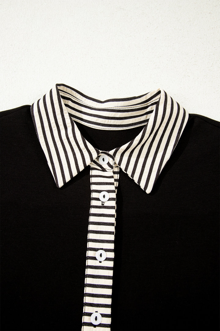 Stripe Detail Polo Collar Half Buttons Tied Short Sleeve Shift Mini Dress