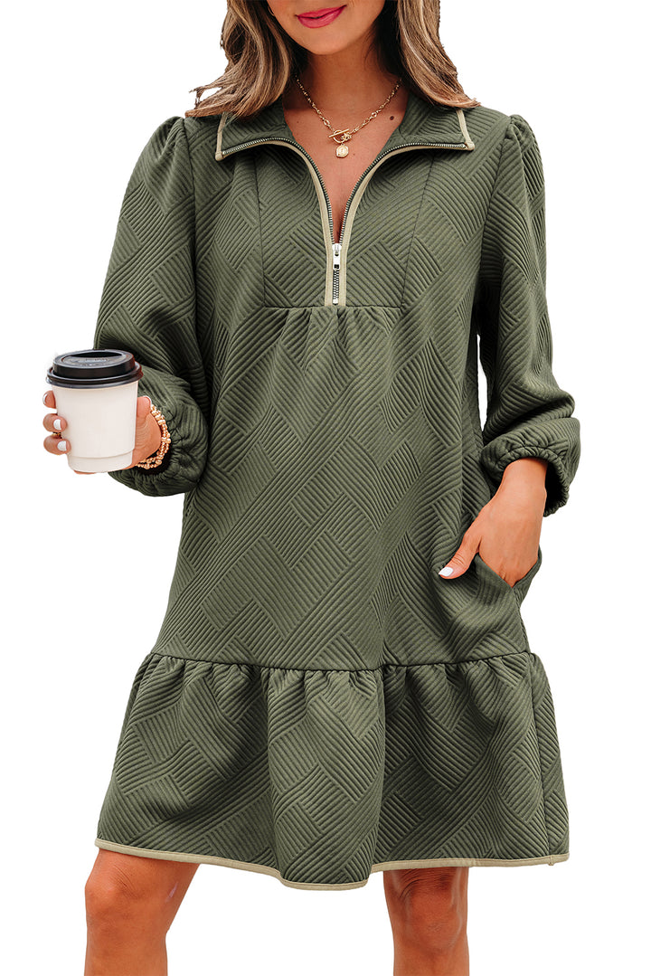 Dearlove Jungle Green  Quarter Zip Collar Bracelet Sleeve Textured Mini Dress