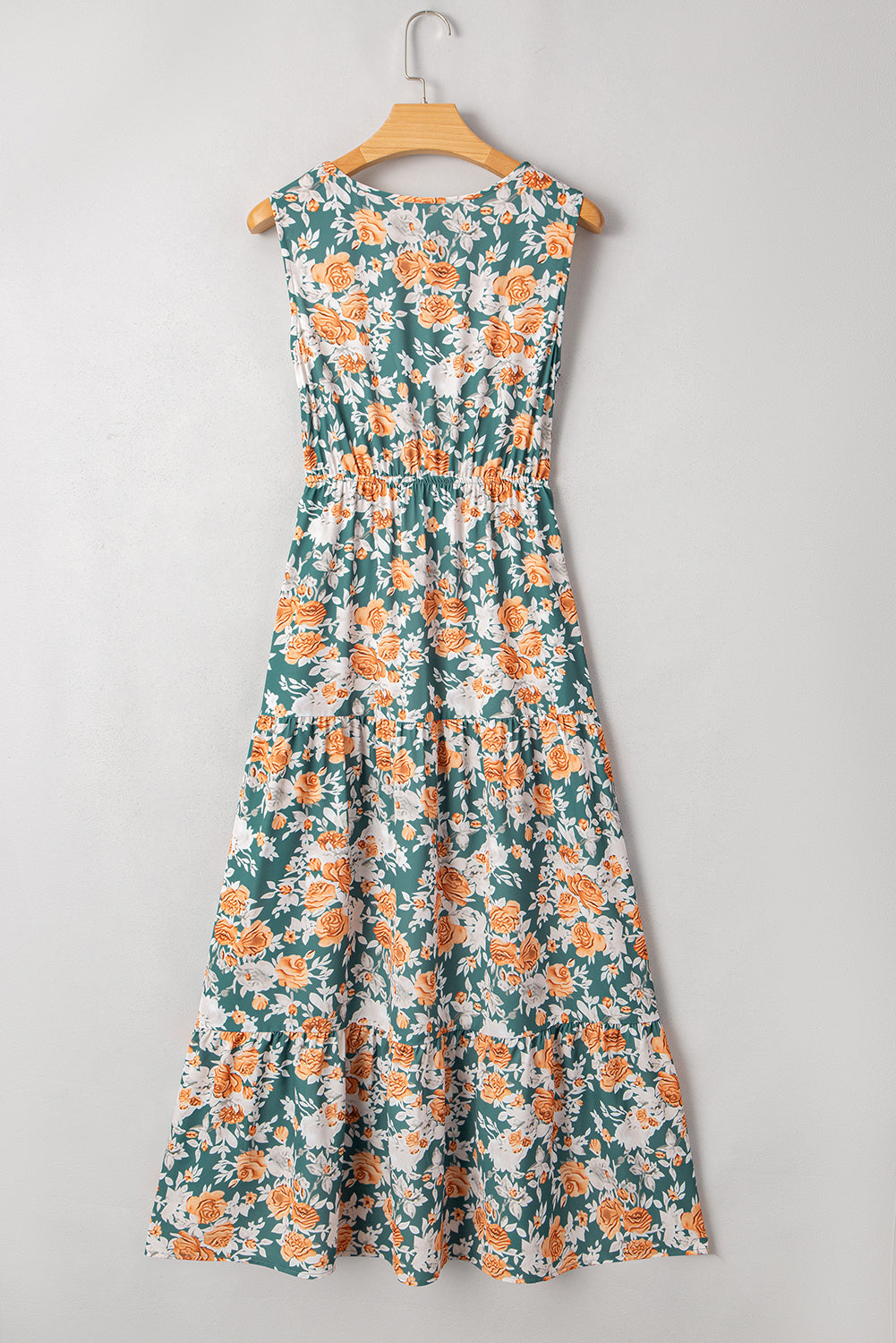 floral print trimmed v neck tie waist sleeveless holiday long dress