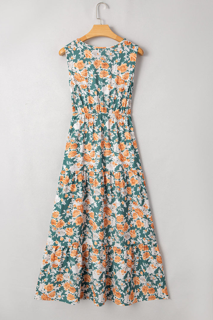 floral print trimmed v neck tie waist sleeveless holiday long dress