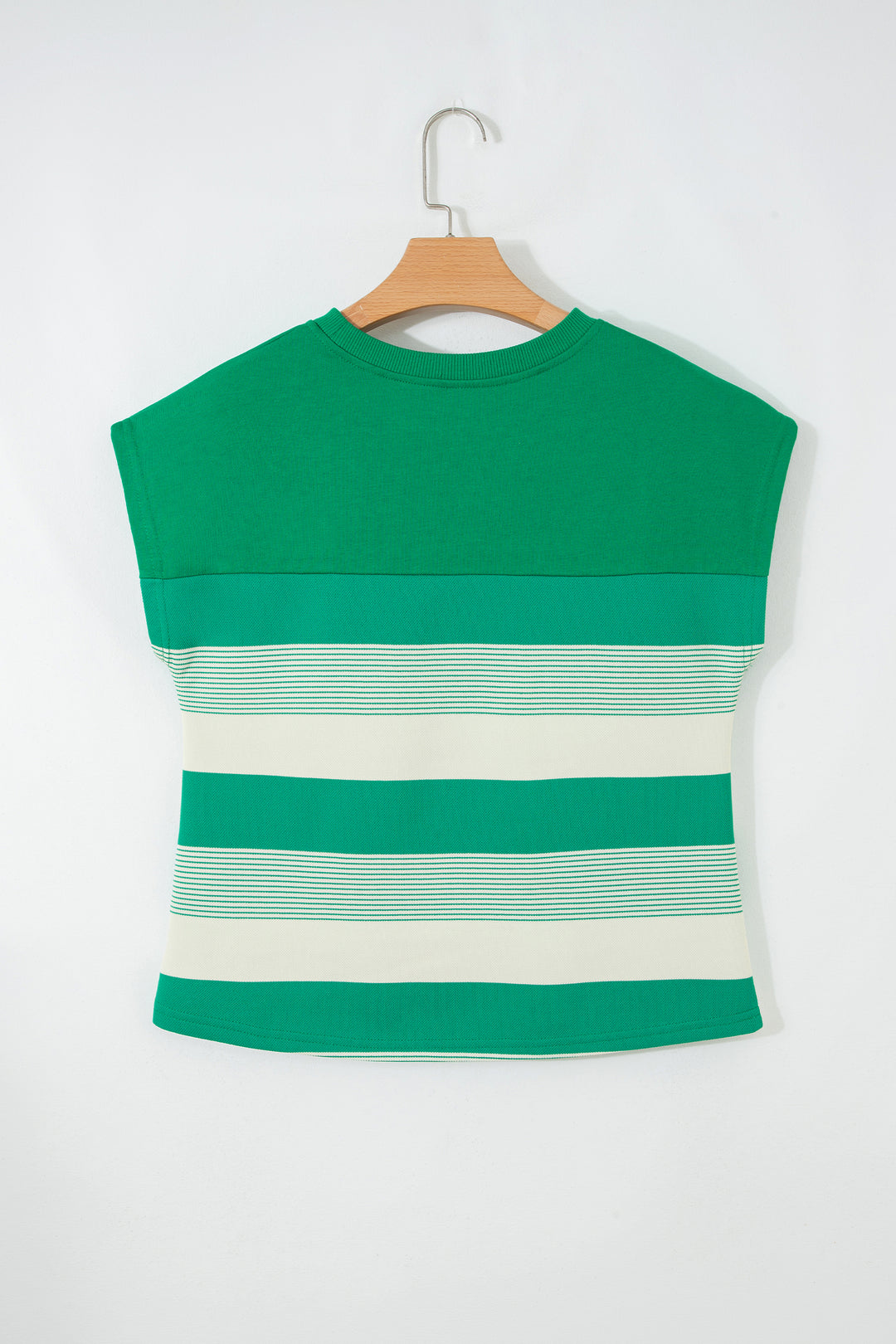 Classic Green Stripe Mixed Print Crew Neck Cap Sleeve T Shirt