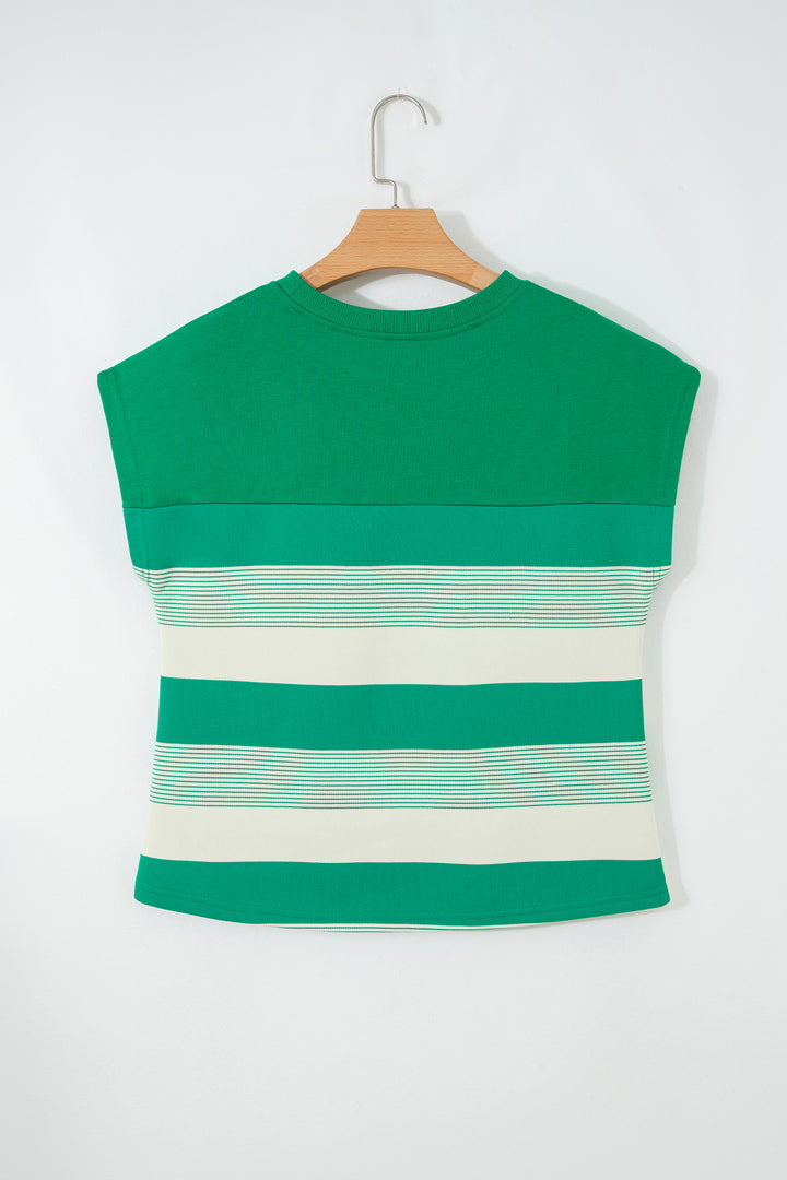 Classic Green Stripe Mixed Print Crew Neck Cap Sleeve T Shirt