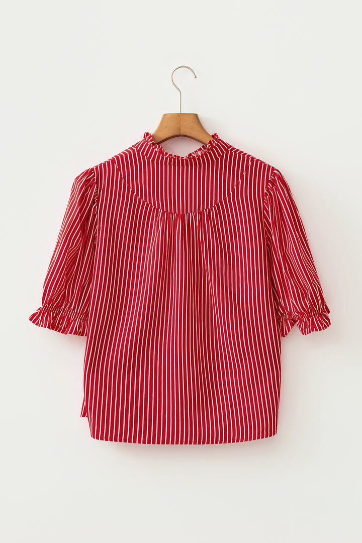 Red Stripe Ruffled Short Puff Sleeve Button Front Blouse