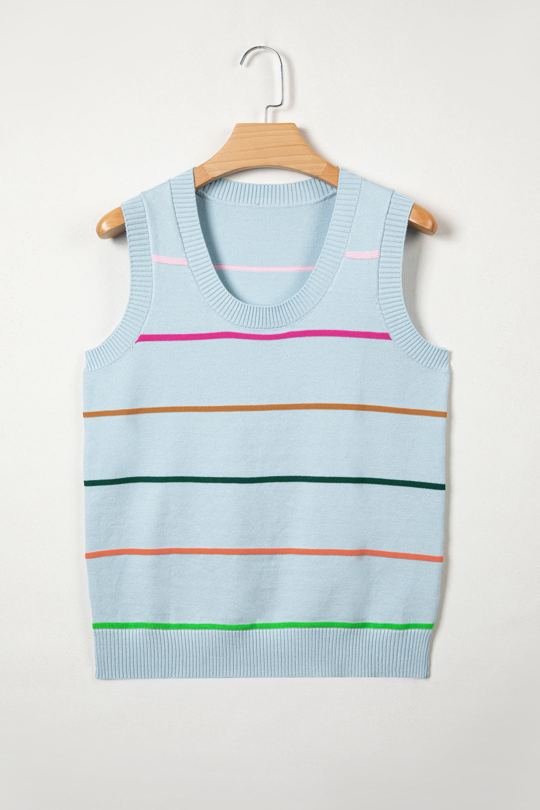 Sky Blue Stripe Round Neck Knitted Sweater Tank