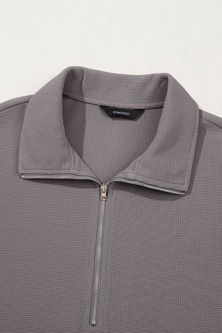 Gray Waffle Texture Collar Half Zip Pocketed Drop Shoulder Sweatshirt