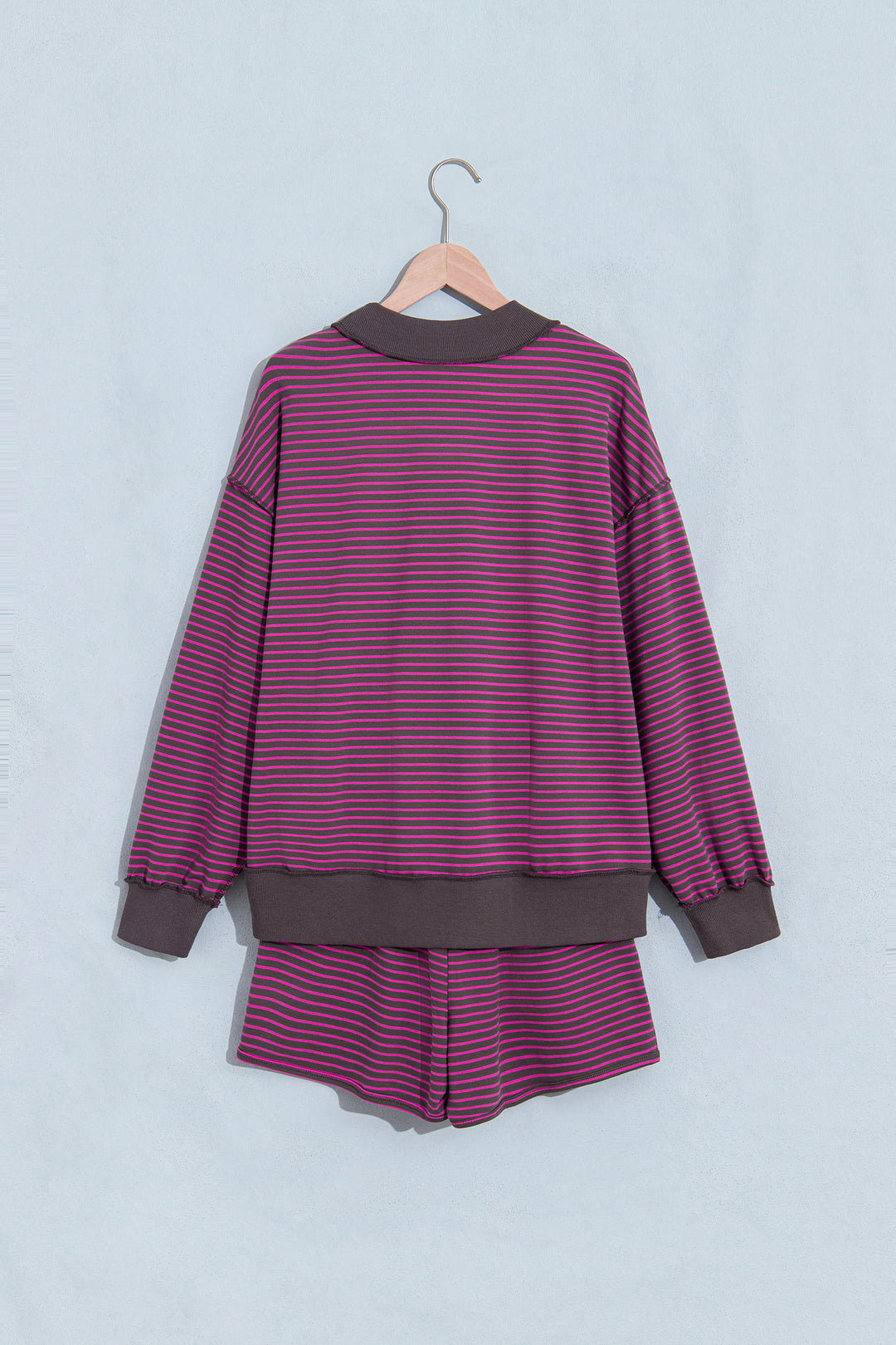 Brown Ribbed Patchwork Mock Neck Baggy Pullover Matching Shorts Set