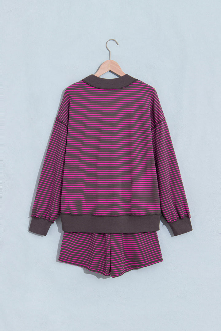 Brown Ribbed Patchwork Mock Neck Baggy Pullover Matching Shorts Set