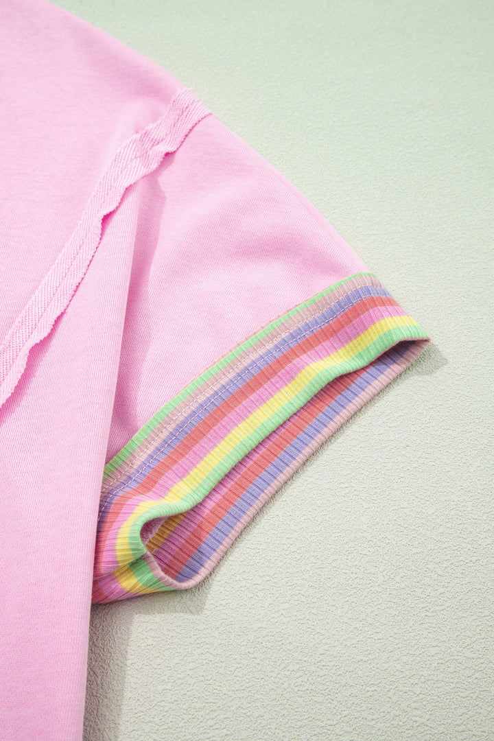 Pink Rainbow Stripe Ribbed Patchwork Raw Seam Oversize Polo Tee