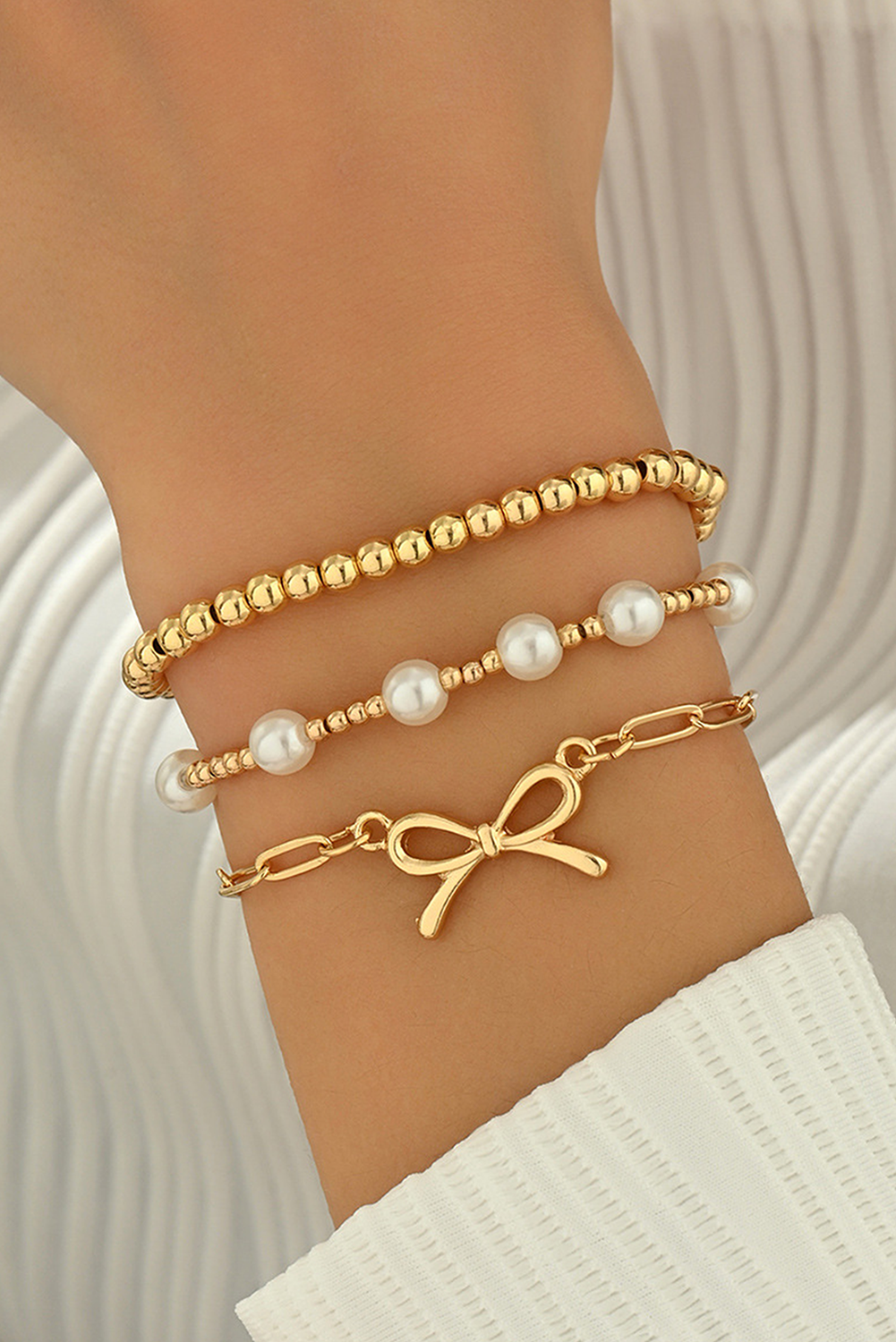 Bow Chain Link Pearl Beaded Multi Layer Bracelet