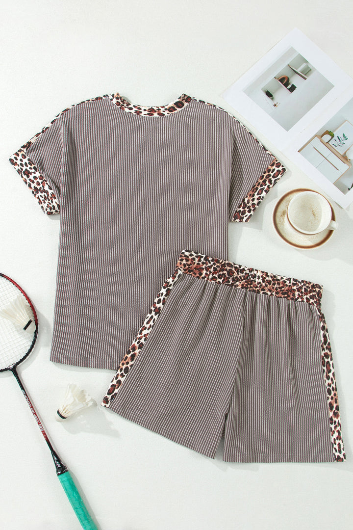 Light Grey Leopard Trim Twist Ribbed Short Set