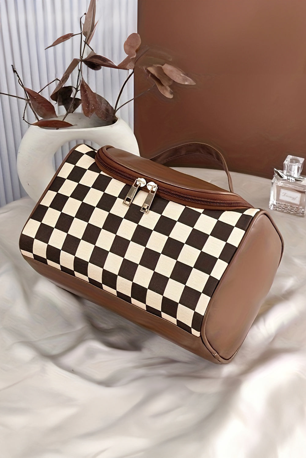 Checkered PU Leather Zipper Makeup Bag
