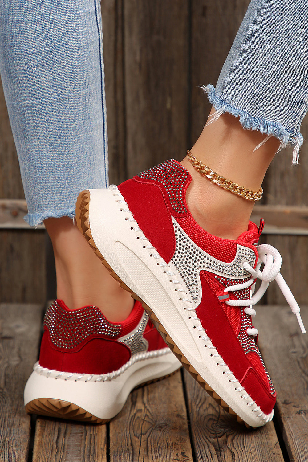 Rhinestone Embellished Color Block Patchwork Lace-up Breathable Sneakers