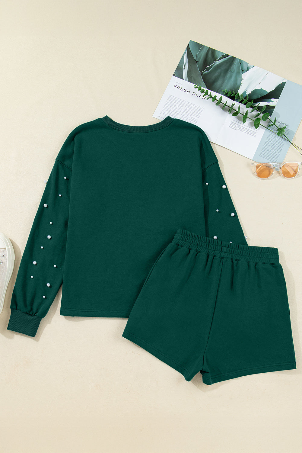 Dark Green Pearl Embellished Pullover Elastic Waist Mini Skirt Set