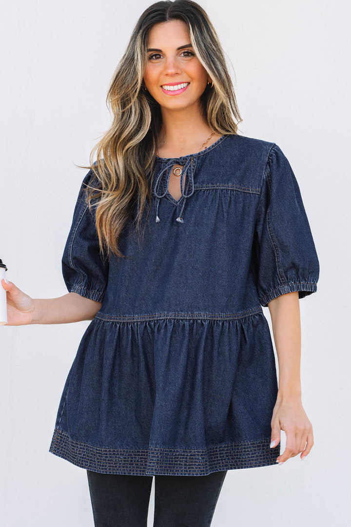 Puff Sleeve Lace-up Neckline Splicing Denim Blouse