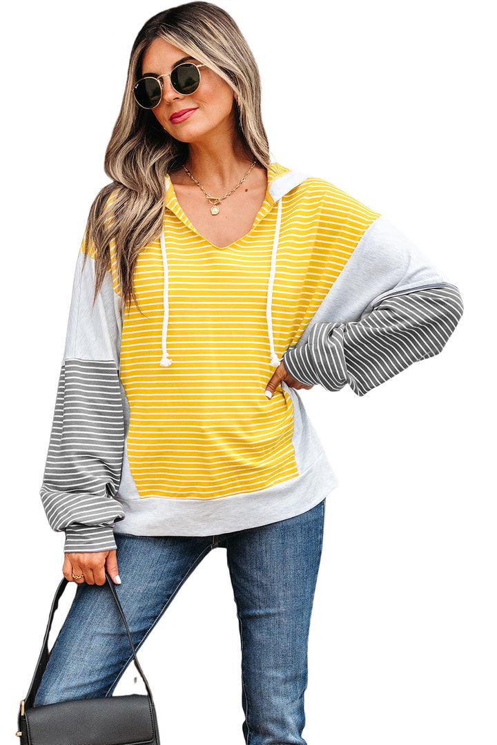 Color Block Drawstring V Neck Loose Fit Hooded Top