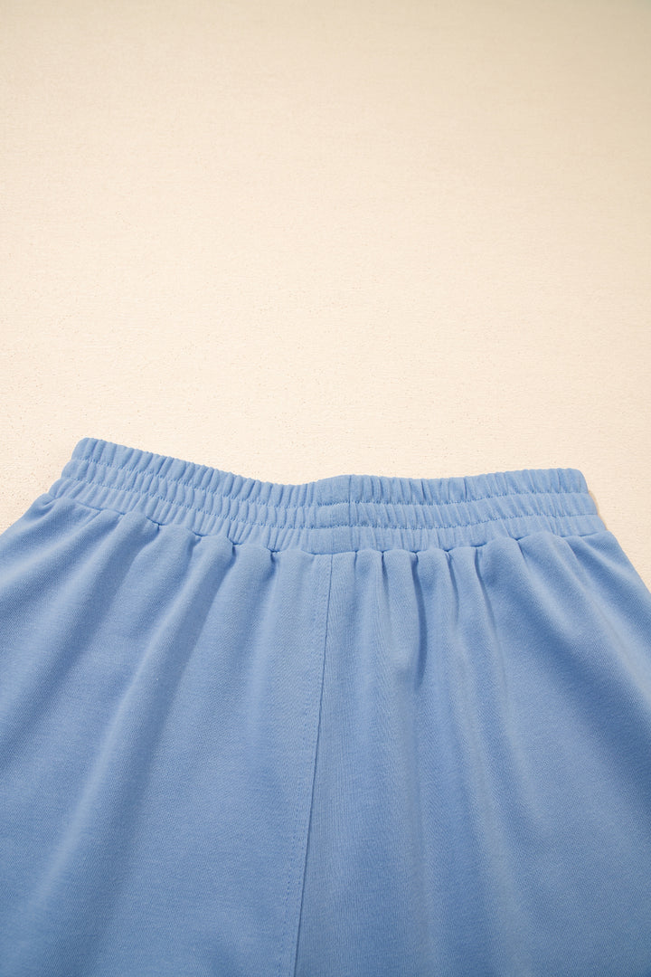 Sky Blue Solid Color Contrast Textured Patchwork Raw Edge 2pcs Short Set