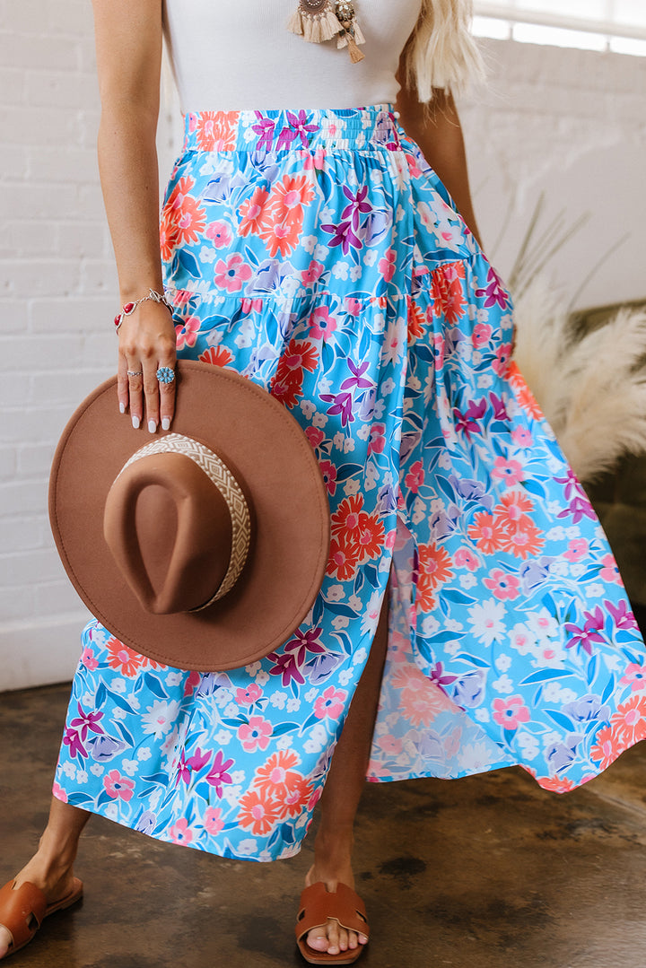 Chic Sky Blue Floral Printed High Waist Split Wrap Long Skirt