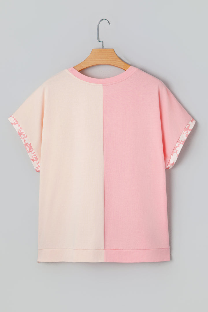 Apricot Color Block Flower Patched Loose T Shirt