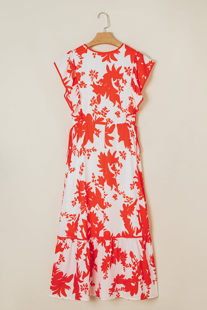 Floral Print Trimmed V Neck Ruffle Sleeve Long Dress