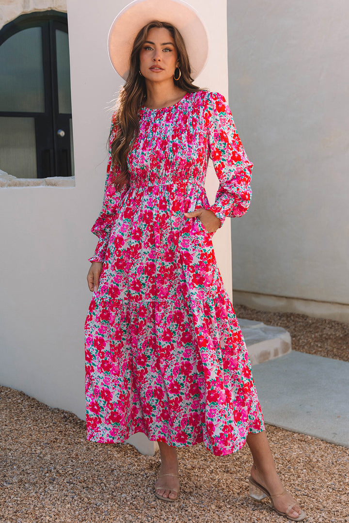 Floral Print Smocked Lantern Sleeve Tiered Maxi Dress