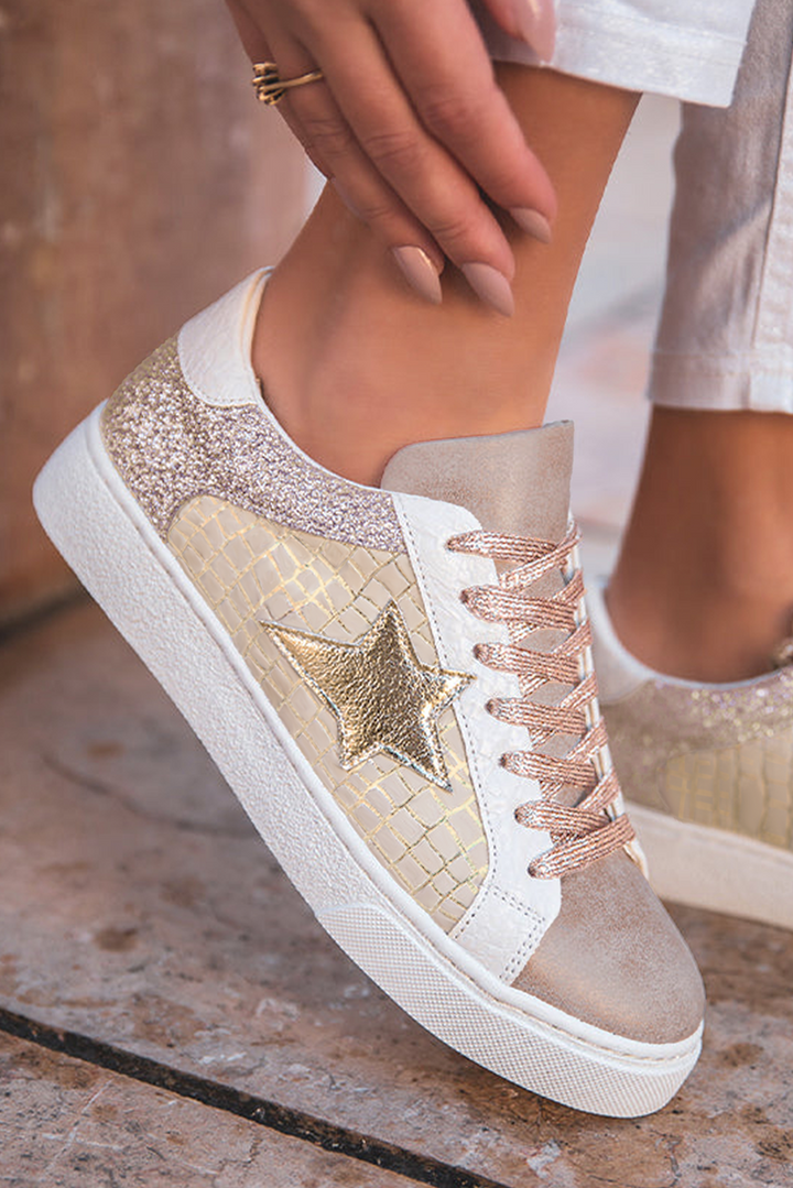 Schnür-Sneakers aus PU-Leder mit Glitzerstern-Patchwork 